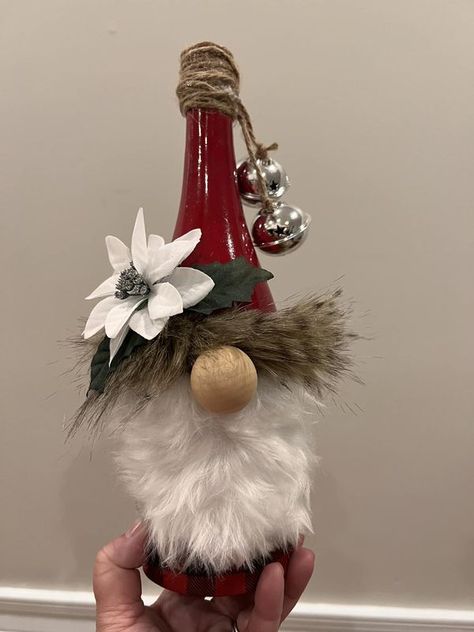 Crafty Fun Group | Finally made a wine bottle gnome | Facebook Wine Bottle Nome, Bottle Gnomes Diy How To Make, Gnome Wine Glasses, Wine Bottle Gnomes Diy, Wine Bottle Santa, Wine Bottle Gnomes Diy How To Make, Bottle Gnomes Diy, Wine Bottle Gnomes, Wine Bottle Gnome