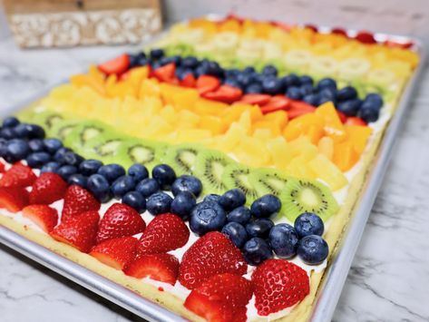 Easy Colorful Fruit Pizza Recipe With The Best Glaze - Grace Like Rain Blog Fruit Pizza Rainbow, Fruit Pizza With Orange Juice Glaze, Fruit Pizza Recipe With Glaze, Sheet Pan Fruit Pizza Sugar Cookie, American Flag Fruit Pizza Sugar Cookie, Stovetop Appetizers, Easy Fruit Pizza, Flavored Ice Cubes, Food Game