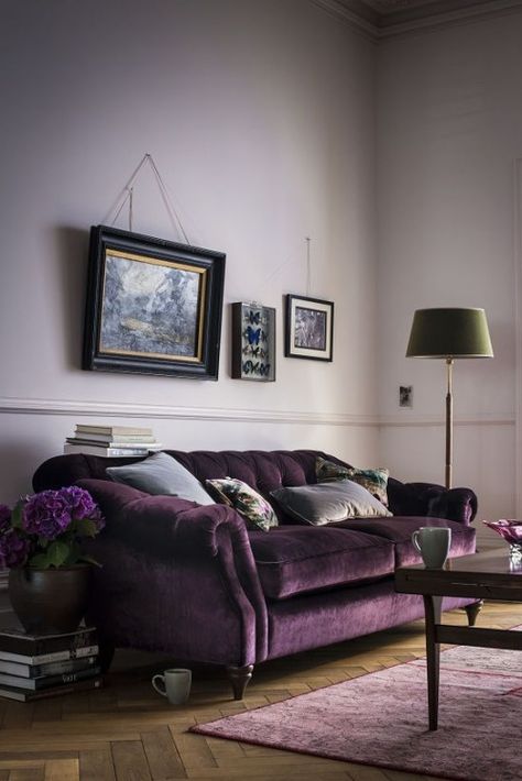 Photo Purple Velvet Sofa, Deco Violet, Sofa Arrangement, Purple Living Room, Purple Sofa, Interior Boho, Purple Interior, Interior Design Advice, Living Room Accessories