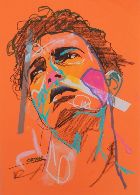 Layered Portraits Art, Andrew Orton Art, Distortion Drawing, Abstract Face Art Drawings, Expressionist Drawing, Unique Portrait Art, Oil Painting Orange, Mixed Media Portrait Painting, Mixed Media Portraits