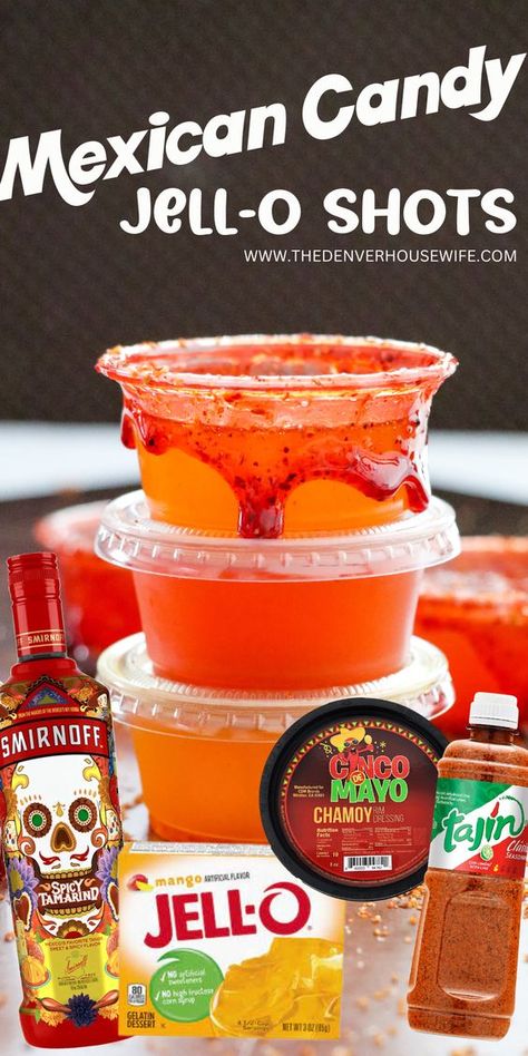 Drinks With Chamoy And Tajin, Mexican Themed Jello Shots, Mango Margarita Jello Shots, Western Themed Jello Shots, Mini Patron Bottle Drinks, Mangonada Jello Shots, How To Make Jello Shots With Tequila, Drinks With Chamoy Rim, Jell O Shots Recipe Tequila