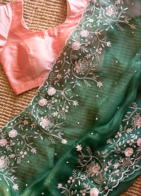 Bottle green pure organza silk saree with zardozi and resham hand embroidery. Comes with a bottle green blouse piece with embroidery on the sleeves. Pure Organza Silk Sarees, Organza Silk Saree, Heavy Embroidery, Green Saree, Organza Saree, Saree Dress, Bottle Green, Georgette Sarees, Blouse Piece