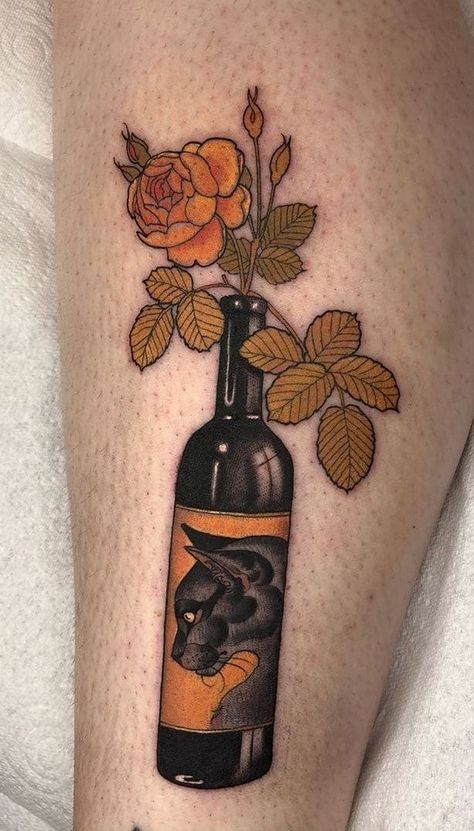 Neotraditional Small Tattoo, Bold Feminine Tattoos, Bottle With Flowers Tattoo, Feminine Neotraditional Tattoo, Vintage Tattoos For Women, Illustrative Tattoo Style, Eclectic Tattoo, Neotrad Tattoos, Tattoo Bottle