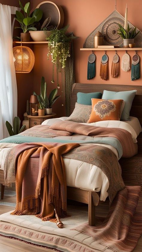 Desert Boho Bedroom, Desert Chic Decor, Leaves Macrame, Boho Bedrooms, Decoration For Bedroom, Orange Bedroom, Earthy Bedroom, Desert Chic, Boho Leaves