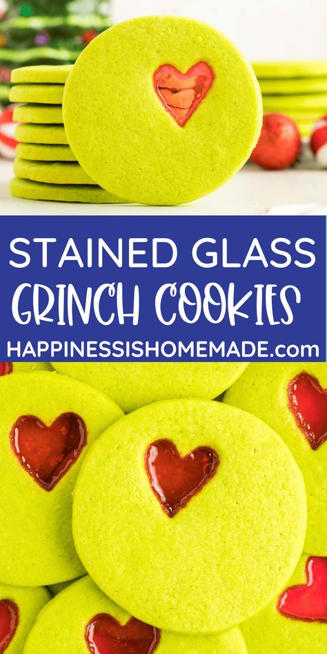 These easy-to-make Stained Glass Grinch Cookies are just SO cute! They make a great Christmas treat for family and friends! Stained Glass Grinch, Stained Glass Hearts, Glass Cookies, Grinch Cookies, Christmas Pastries, Stained Glass Cookies, Cut Out Cookie Recipe, Christmas Treats Boxes, Delicious Christmas Cookies