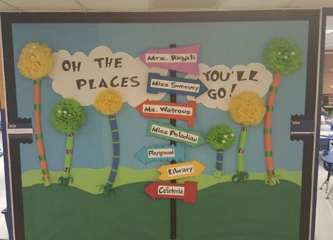 Dr Suess Themed bulletin board-  Oh the places you"ll go! Dr Suess Bulletin Boards, Oh The Places You Will Go Door Ideas, Learning Is A Journey Bulletin Board, Oh The Places Youll Go Bulletin Boards, All The Places You Will Go Dr Seuss Bulletin Boards, Kindergarten Graduation Oh The Places Youll Go, Oh The Places You’ll Go Bulletin Board, Preschool Graduation Oh The Places You’ll Go, Career Bulletin Boards