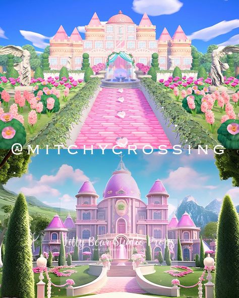 Michelle 👑 ACNH Addict (@mitchycrossing) | Instagram profile Acnh Castle Courtyard, Path Tutorial Animal Crossing, Acnh Royalcore Codes, Acnh Princesscore, Castle Animal Crossing, Barbie Acnh, Acnh Alice In Wonderland, Animal Crossing Castle, Acnh Disneyland