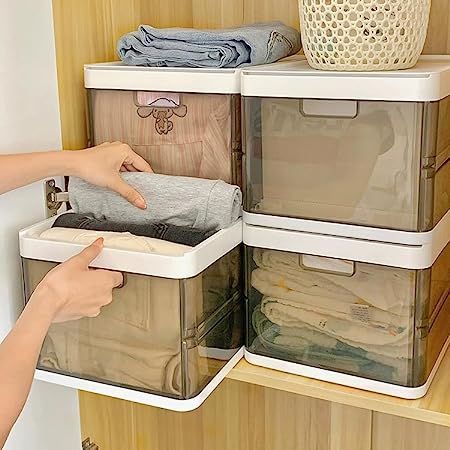 4 Pack Stackable Plastic Storage Bins with 2 lid, Foldable Closet Organizers Storage Box, Drawer Organizers for Clothes, Toys, Clear with Black (Plastic) Storage Containers For Clothes, Organization Closet Storage, Dorm Items, Organizer Drawers, Clothes Drawer Organization, Stackable Plastic Storage Bins, Closet Storage Drawers, Plastic Storage Drawers, Closet Storage Bins