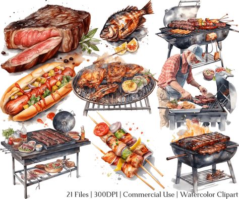 Grilling Art, Birthday Party Clipart, Outdoor Barbecue, Party Clipart, Backyard Cookout, Fathers Day Crafts, Watercolor Artwork, Scrapbooking Projects, Etsy Crafts