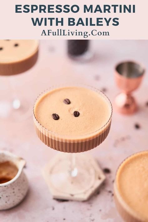 This Creamy Espresso Martini with Baileys is a luscious, decadent after-dinner drink. It's so easy to mix up this classic cocktail at home. You'll love the delicious creamy twist of Baileys! Espresso Martini Recipe Baileys, Espresso Martini With Baileys, Creamy Espresso Martini, Cold Brew Martini, Baileys Martini, Ouzo Cocktails, Ribbed Glassware, Baileys Drinks, Baileys Cocktails