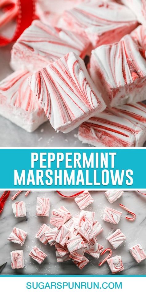 Homemade Peppermint Marshmallows - Sugar Spun Run Marshmallows Recipes, Christmas Marshmallows, Peppermint Desserts, Marshmallow Recipes, Marshmallow Fudge, Peppermint Marshmallows, Shugary Sweets, Christmas December, Soap Ideas