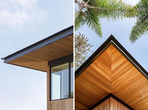 Deep roof eaves meet the wood siding that's made from cedar. Wood Slat Facade, Wood Slat Exterior, House Eaves, House In California, Roof Eaves, Wood Facade, Seaside House, Contemporary House Exterior, Wood Roof