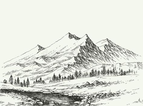 Mountains landscape sketch. River flow and alpine vegetation hand drawing #Sponsored , #affiliate, #ad, #sketch, #Mountains, #hand, #River Mountains Drawing, Land Scapes, Mountain Sketch, River Flow, Landscape Pencil Drawings, Monthly Challenges, Mountain Drawing, Waterfall Landscape, Nature Art Drawings