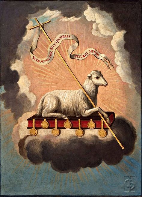 “Worthy are you to receive the scroll and to break open its seals, for you were slain and with your blood you purchased for God those from every tribe and tongue, people and nation. You made them a kingdom and priests for our God, and they will reign on earth.” Revelation 5:9-10 // Agnus Dei // 1806-1809 // José Campeche y Jordán // Instituto de Cultura Puertorriqueña Vintage Holy Cards, Kartu Doa, Agnus Dei, Lamb Of God, Catholic Images, Art Sacre, Pictures Of Jesus Christ, Christian Symbols, The Good Shepherd