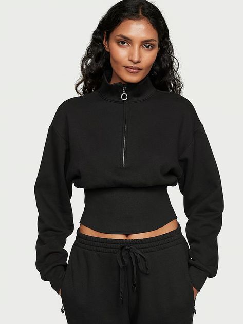 Cotton Fleece Corset Half-Zip Mock Neck Pullover - Apparel - Victoria's Secret Black Crop Sweatshirt, Pink Corset, Sweatshirts Online, Black Fleece, Cozy Sweatshirts, Corset Style, Crop Sweatshirt, Cotton Fleece, Black Crop