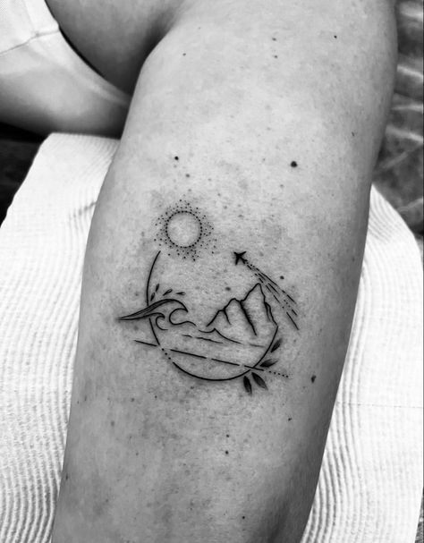 340+ Beach Tattoo Designs (2023) - TattoosBoyGirl Moon Wave Mountain Tattoo, Ocean And Mountain Tattoos, Tiny Adventure Tattoos, Mountain Travel Tattoo, Mountain And Palm Tree Tattoo, Mountains And Beach Tattoo, Mountain Beach Tattoo, Mountain And Beach Tattoo, New Tattoo Designs 2023