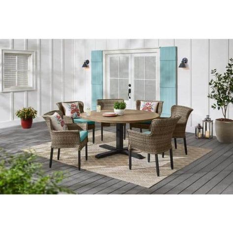 Hampton Bay Devonwood - The Home Depot Cozy Chairs, Navy Blue Cushions, Outdoor Patio Dining, Wicker Dining Set, Rattan Furniture Set, Classic Table, Green Cushions, Red Cushions, Stackable Chairs