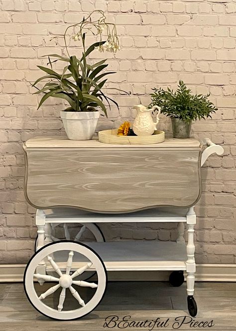 Hand painted and lovely Wood Tea Cart Makeover, Refinished Tea Cart, Tea Carts Makeover Vintage, Tea Cart Decor, Tea Cart Ideas, Painted Tea Cart, Tea Cart Makeover, Antique Tea Cart, Diy Vanity Table