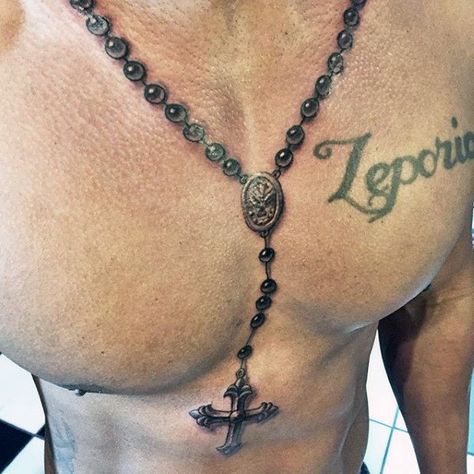 Rosary Bead Tattoo, Rosary Tattoo, Necklace Tattoo, Cross Tattoo For Men, Wild Tattoo, Neck Tattoo For Guys, Religious Tattoos, Chest Tattoo Men, E Tattoo