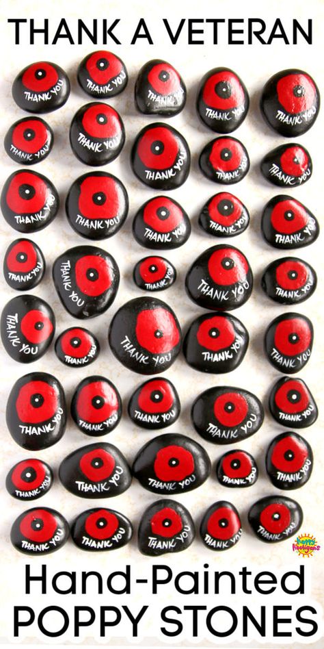 These simple painted poppy stones are a lovely way to honour and thank a veteran this Remembrance Day. Great group project for a family, classroom or community.#HappyHooligans #Poppy #Stones #Rocks #RemembranceDay #Veterans #Day #Anzac #Poppies #Craft #Kids #November11 Rememberence Day Wreath, Poppy Rocks Painted, Remembrance Day Painted Rocks, Remembrance Day Wreath Diy, Poppy Crafts For Kids, Poppies Craft, Remembrance Poppies, Poppy Crafts, Poppy Craft For Kids