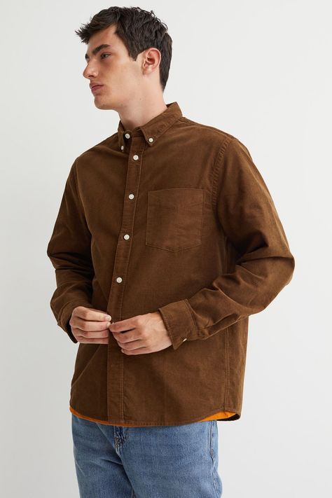 Doc Martens Mens, Gender Neutral Fashion, Sleeve Placket, Men Photoshoot, Corduroy Shirt, Men Stylish Dress, Brown Shirt, Ootd Men, Photoshoot Outfits