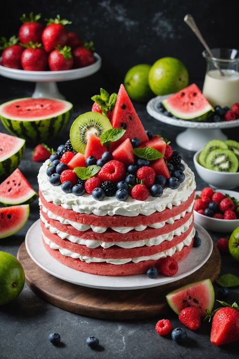 A photo of a  Watermelon Cake which is a type of watermelon desserts Watermelon Design Cake, Watermelon Cake Ideas, Cake Made Of Fruit, Watermelon Desserts, Watermelon Cakes, Watermelon Aesthetic, Watermelon Cake Birthday, Watermelon Birthday Party, Watermelon Dessert