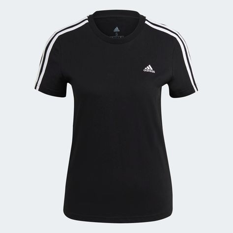 adidas LOUNGEWEAR Essentials Slim 3-Stripes Tee - Black | adidas US Camisa Adidas, Black Tees, Adidas Sportswear, Adidas Online, Striped Tee, Black Adidas, Workout Tee, Striped Shirt, Adidas Women