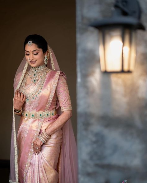 40+ Beautiful & Inspirational South Indian Bridal Looks | WedMeGood Pastel Pink Bridal Saree, Designer Pattu Sarees, White Pattu Saree Indian Weddings, Pastel Bridal Saree, Wedding Saree South Indian Bride, Bride Saree South Indian, Reception Sarees South Indian, South Indian Wedding Look, Bride Wedding Saree