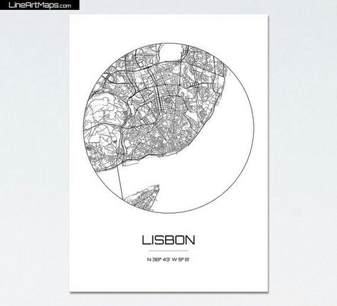 LineArtMaps in Etsy Lisbon Map, Barcelona Map, Spain Poster, Map Coordinates, City Map Art, Travel Maps, Lisbon Portugal, Barcelona Spain, Wall Art Gift