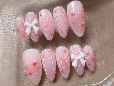 Fall Nails Pastel, Cute Bunny Nail Art, Japanese Nail Designs Simple, Cute Nail Designs With Charms, Bee And Puppycat Nails, Cute Nails Design Ideas, Light Pink Jelly Nails, Cute Baby Pink Nails, Kawaii Pink Nails