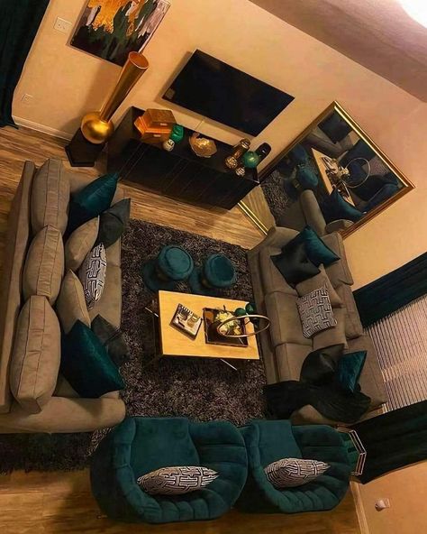 Curated Loft Decor, Green Gold And Grey Living Room, Apartment Decorating Ideas For Couples, Emerald And Grey Living Room, Den And Kitchen Open Floor Plan, Emerald Green Living Room Decor Ideas, Emerald Green And Navy Living Room, Home Decor Astetic, Grey And Colour Living Room