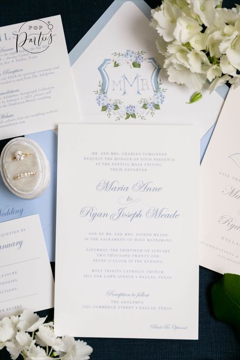 Blue And White Wedding Stationary, Ice Blue Wedding Invitations, Blue And White Wedding Crest, Blue White Wedding Invitation, Hydrangea Wedding Invite, Wedding Invitations With Crest, Wedding Crest Invitation, White And Blue Wedding Invitations, Wedding Invitations Blue And White