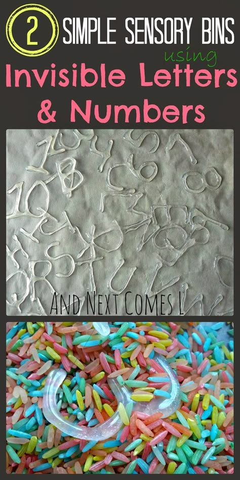 Two simple sensory bins for kids using invisible letters and numbers from And Next Comes L Invisible Letters, Kindergarten Sensory, Popcorn Seeds, Preschool Sensory, Sensory Tubs, Sensory Tub, Sensory Ideas, Soaking Wet, Sensory Boxes