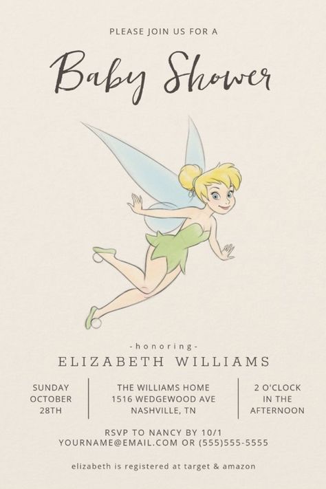 Simple Tinker Bell Baby Shower Invitation
Invite all your family and friends to your Baby Shower with these sweet Tinker Bell Baby Shower invitations. Personalize by adding all your shower details! Tinker Bell Baby Shower Ideas, Tinkerbell Baby Shower Ideas, Tinker Bell Characters, Tinker Bell Wallpaper, Tinker Bell Birthday, Tinkerbell Invitations, Pixie Hallow, Bell Wallpaper, Tinkerbell Party Theme