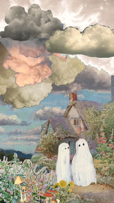 ghostie friends in a garden #flowers #vintage #ghosts #ghost #house Vintage Ghost Background, Happy Ghost Wallpaper, Haunted House Iphone Wallpaper, Ghost House Painting, Spooky Year Round Decor, Ghost With Flowers Wallpaper, Spring Ghost Wallpaper, Ghost In Painting, Ghosts In Paintings