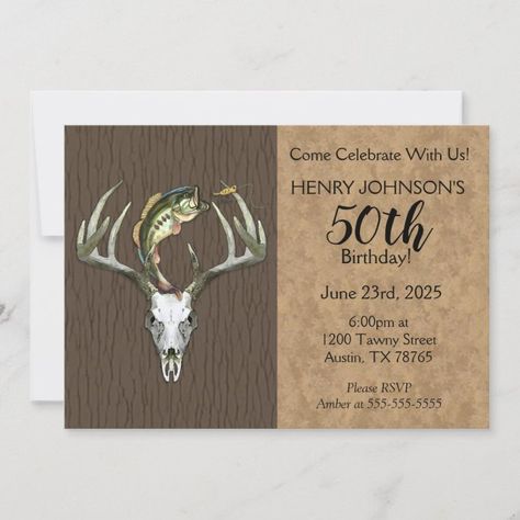 Fishing and Hunting Themed 50th Birthday Invitation - tap/click to personalize and buy #Invitation #antlers, #bass #fishing, #fisherman, #hunting, Hunting Birthday Party, Hunting Theme, 50th Birthday Invitation, Hunting Birthday, Hunting Themes, 30th Birthday Party Invitations, Fishing Birthday Party, 40th Birthday Party Invites, 50th Birthday Party Invitations