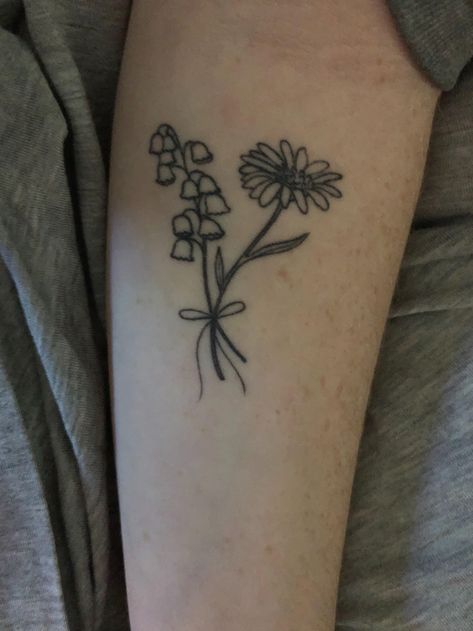 Lily And Aster Flower Tattoo, Aster And Lily Of The Valley Tattoo, Lily Of The Valley And Chrysanthemum Tattoo, Daisy And Lily Of The Valley Tattoo, Aster Tattoo, Aster Flower Tattoos, Name Flower Tattoo, Lily Of The Valley Tattoo, Lily Valley