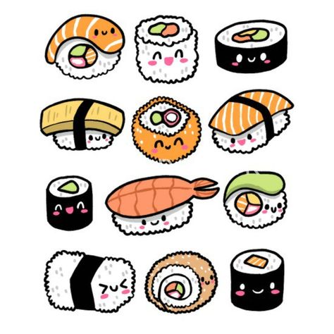 Sushi Drawing Cute, Cute Sushi Drawing, Cute Kawaii Drawings Doodles, Sushi Doodle, Sushi Drawing, Japanese Food Illustration, Food Illustration Design, Planner Doodles, Chibi Food