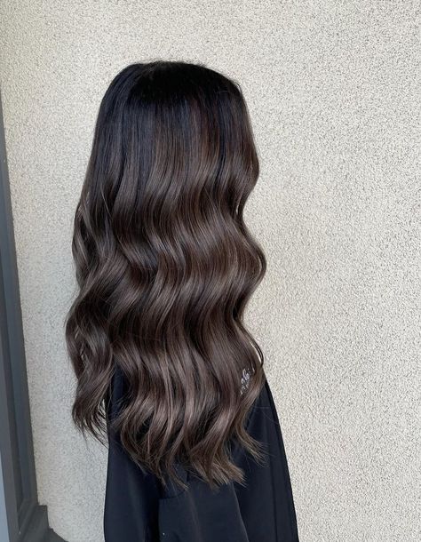 Asian Hair Cool Tone Highlights, Dark Brown Hair Without Highlights, Dyed Hair On Indian Skin, Subtle Balayage Asian Hair, Dark Cool Balayage, Cool Chocolate Brown Hair Balayage, Rich Dark Brown Hair With Highlights, Dark Brown Bridal Hair, Cool Toned Hair Color Brunettes