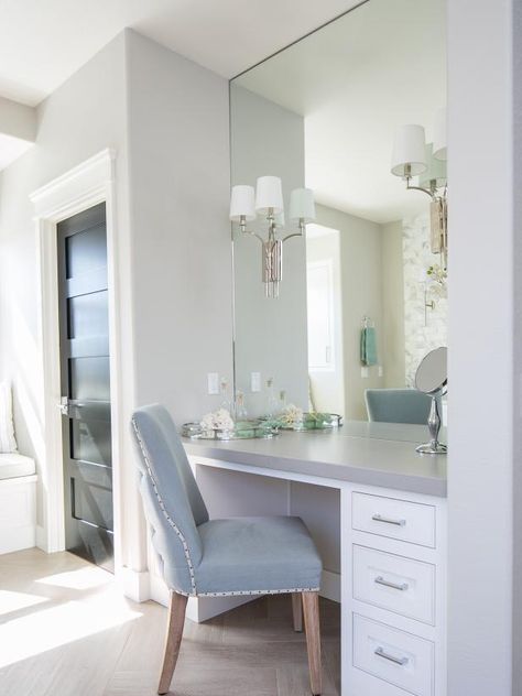 Makeup Areas In Bathroom, Built In Dressing Table Ideas Bedroom, Built In Makeup Table, Small Built In Vanity In Bedroom, Walk In Robe With Vanity, Master Closet Vanity Ideas, Alcove Dressing Table Ideas, Diy Built In Vanity In Bedroom, Wardrobe Vanity Built In