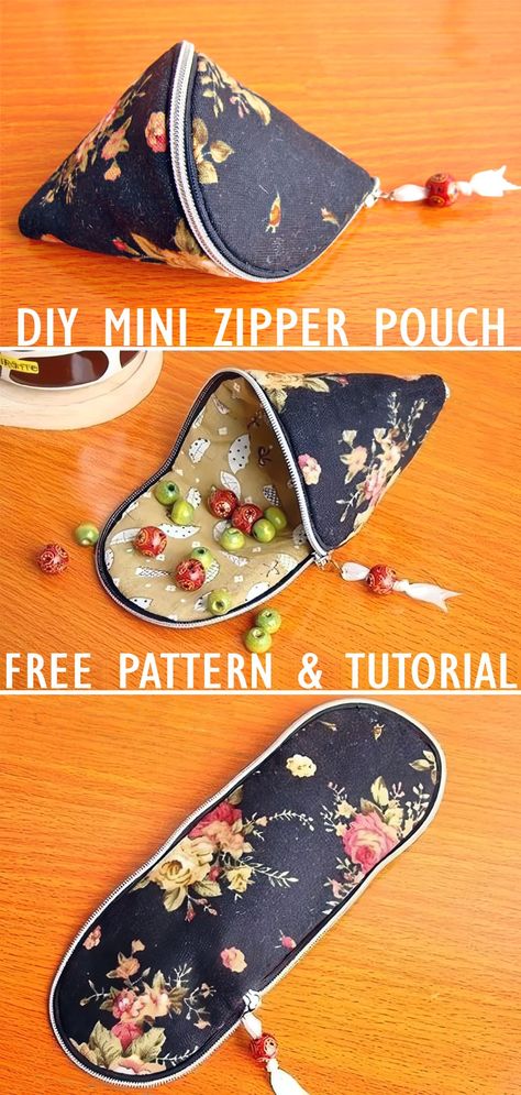 How to sew a cute mini pouch. Easy, beginner friendly project! Free Pattern and Tutorial Diy Small Bag Zipper Pouch, Free Pouch Sewing Pattern, Diy Small Bag, Makeup Pouch Diy, Zippered Pouches, Bags Patterns, Mug Rug Patterns, Tiny Bag, Sewing To Sell