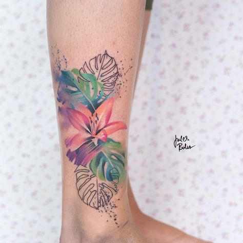 Colorful Watercolor Tattoos & Abstract Art - Jules Boho Tattoos Abstract, Tropical Tattoo, Sketchy Tattoo, L Tattoo, Boho Tattoos, Palm Tattoos, Leo Tattoos, Watercolor Tattoos, Colorful Watercolor