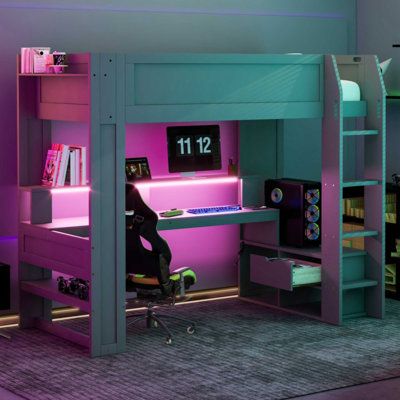 [Multifunctional Design and LED] In addition to the sleeping space, the built-in desk is a good helper for your study or leisure. The LED light strip on the inside of the storage shelves brings convenience to your night life. The light has four colours that you can adjust. Myhomekeepers Size: Twin | Myhomekeepers Wood Gaming Loft Bed w/ Desk, Multi-Storage Shelves, LED And Charging Station(Expected Arrival Time: 4.3) blue/Brown | MHEO2998 | Wayfair Canada Gaming Loft Bed, Gaming Loft, Gaming Bed, Bed With Wardrobe, Loft Bed With Desk, Loft Bed Frame, Kids Loft, Bed With Desk, Kids Loft Beds