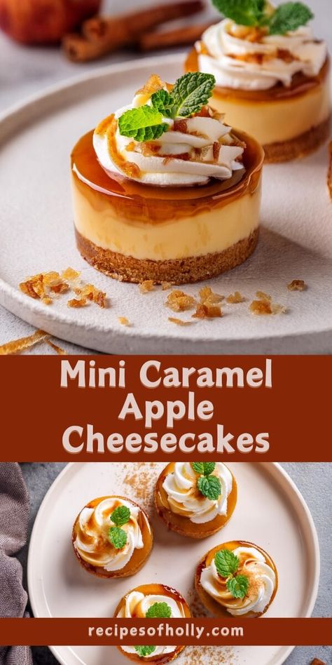 Mini Caramel Apple Cheesecakes - Recipes of Holly Mini Cheesecakes Christmas, Thanksgiving Desserts Mini, Mini Holiday Desserts, Mini Cranberry Cheesecake, Caramel Apple Cheesecake Recipes, Cranberry Orange Cheesecake, Apple Cheesecake Recipes, Cheesecakes Recipes, Mini Bundt Cakes Recipes