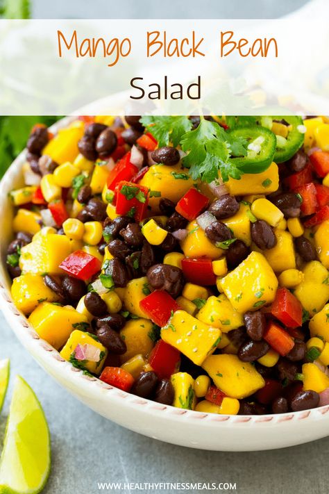 Vegan Bean Salad Recipes, Mango Black Bean Salad, Mango Salad Recipe, Vegan Bean Salad, Black Bean Salad Recipe, Bean Salad Recipe, Black Beans Corn, Fitness Meals, Black Bean Salad