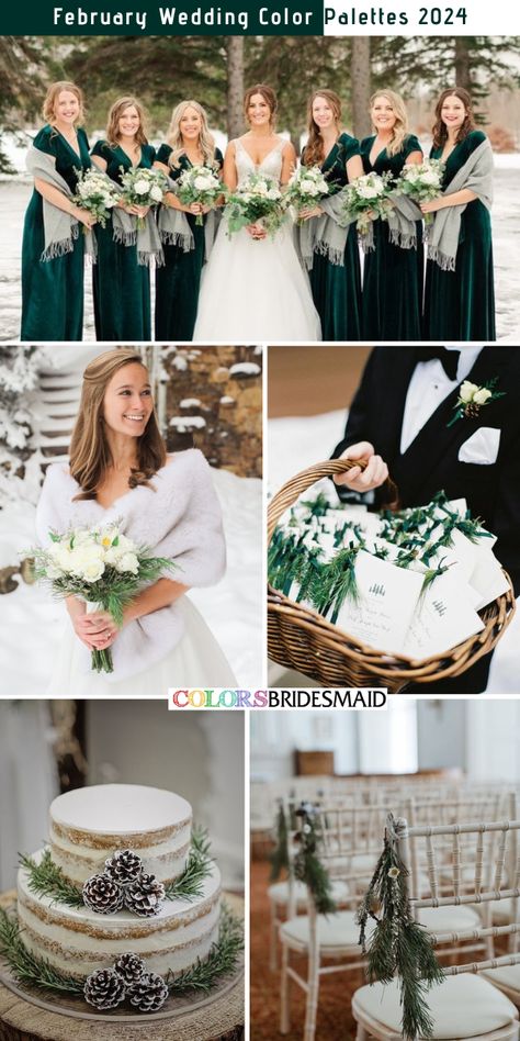 All 30+ Winter Wedding Color Palettes - ColorsBridesmaid Silver And Emerald Green Wedding, Emerald Winter Wedding, Emerald Green And Silver Wedding, Pine Green Bridesmaid Dresses, Winter Wedding Greenery, Winter Wedding Green, February Wedding Colors, Greenery Decorations, White And Greenery Wedding