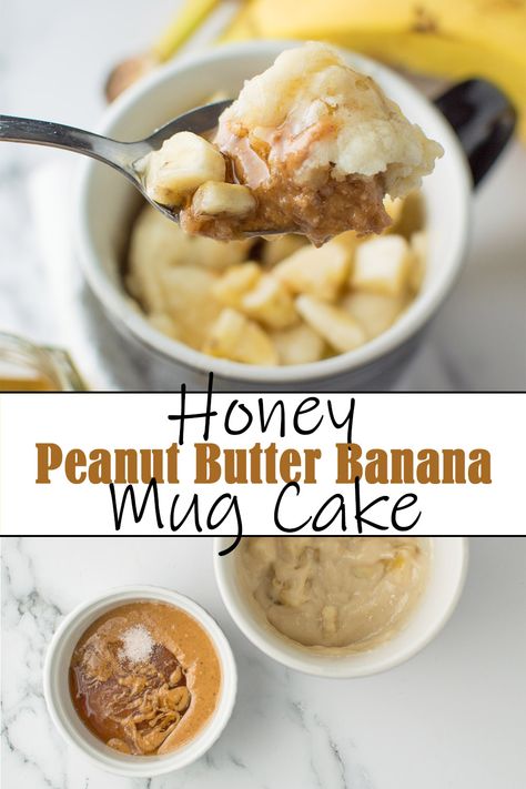 An easy and quick dessert for one - a fluffy banana cake with a honey sweetened gooey peanut butter center! #mugcake #microwave #microwavedessert #cake Peanut Butter Banana Mug Cake, Peanut Butter Microwave Mug Cake, Banana Mug Cake Microwave, Pb Recipes, Cinnamon Mug Cake, Honey Peanut Butter, Banana Mug Cake, Microwave Dessert, Peanut Butter Mug Cakes