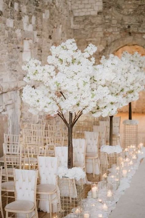 White Blossom Tree Wedding, White Blossom Trees Wedding, Cherry Blossom Centerpiece Wedding, Blossom Trees Wedding, Chapel Wedding Decorations, White Cherry Blossom Wedding, Blossom Wedding Theme, Castle Wedding Ceremony, Cherry Blossom Wedding Decor