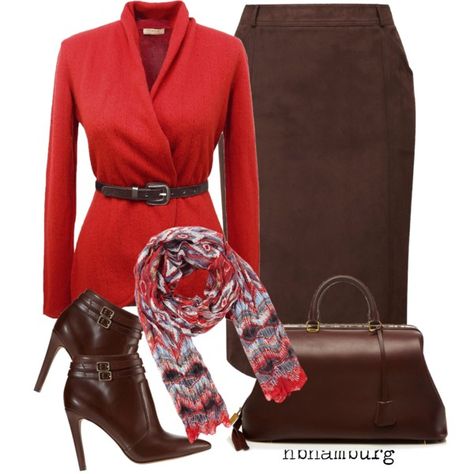 "No. 350 - Red & Brown" by hbhamburg on Polyvore Chocolate Brown And Red Outfit, Chocolate Brown Skirt Outfit, Brown And Red Outfit, Red And Brown Outfit, Mystic Archetype, Bc Shoes, Bordeaux Outfit, Work Attitude, Office Attire Women