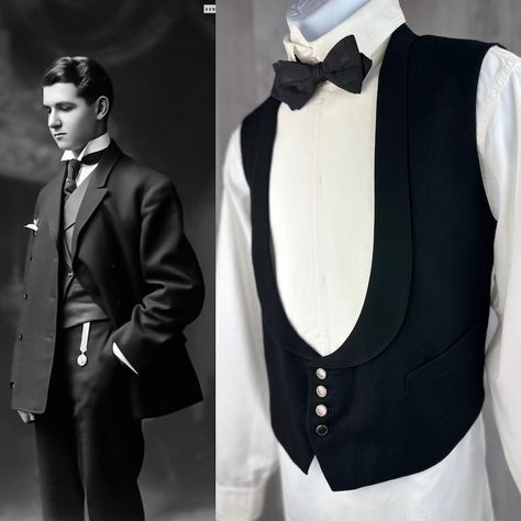 1910s Antique Vest Solid Black Tuxedo Round Collarlabeled C1913 Menswear Unisex S/M 34 Chest - Etsy Victorian Menswear, Tuxedo Tie, Tie Vest, Vintage Tuxedo, Clothing Display, Mens Vests, Black Tuxedo, Antique Clothing, Wedding Suit